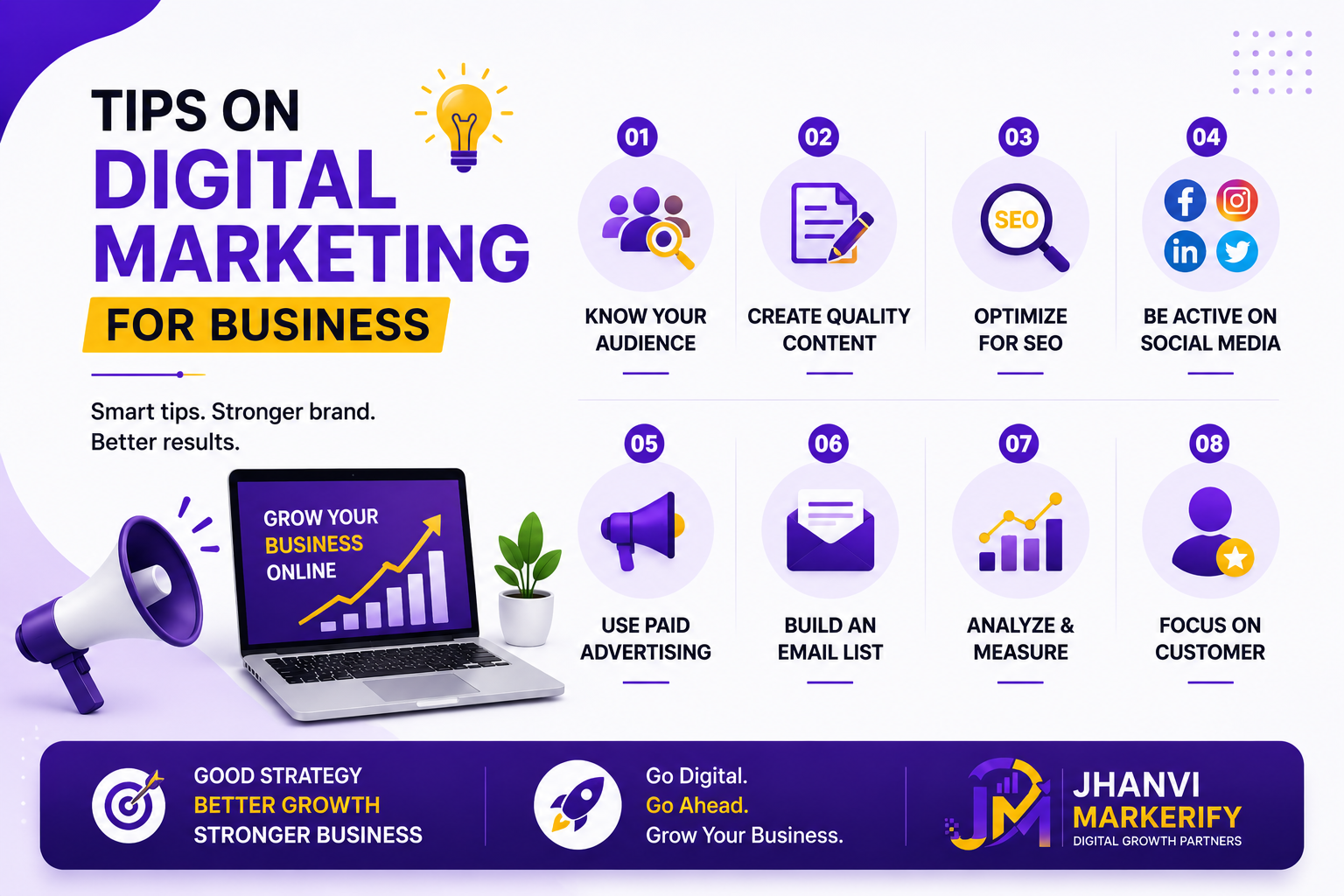 Digital marketing tips for businesses including SEO, social media, content marketing and paid advertising